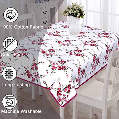 URBANO HOMZ 100% Cotton Rectangular Table Cloth for 6 Seater Dining Table, 145 Cm X 220 Cm Dining Table Cover 6 Seater, Floral Pink and White Design with Lace Piping