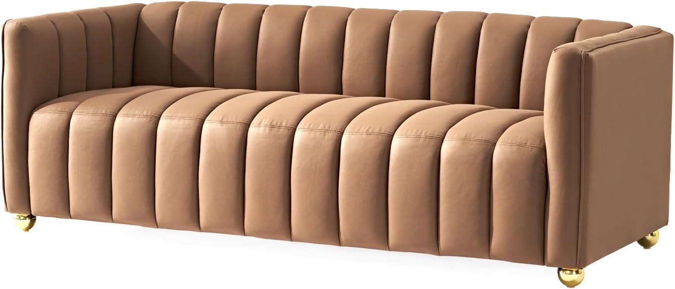 Direct Glam Fabric Upholstered Solid Wood Frame 82.7" Art Deco Sofa for Living Room, Office, Sophisticated 3 Seater Couch, Brown