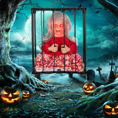 Decoración de Halloween de prisionero animado en jaula con sensor de movimiento 4