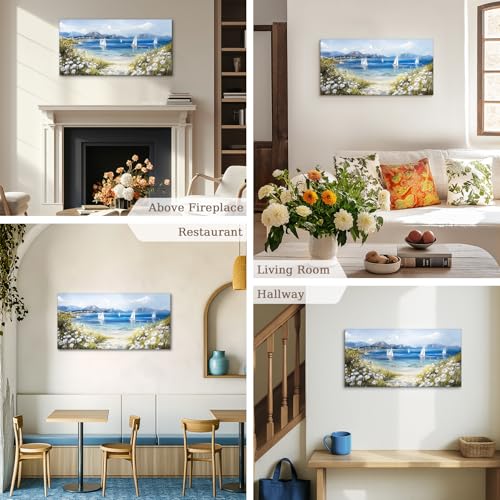 crmotu Coastal Wall Art, Sailboat Wall Art, Beach Art Wall Decor, Beachy Scenery Large Artwork, Tropical Ocean Canvas Pictures for Living Room Bedroom, Mediterranean Scenic Wall Prints 20x40inch