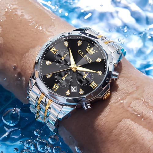Image of OLEVS Watch for Men Luxury Gold Diamond Chronograph Business Wristwatch with Analog Quartz, Date Calendar, Stainless Steel Band, Luminous Hands, Waterproof