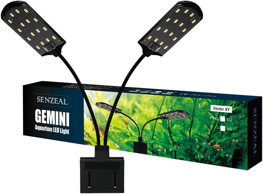 Senzeal X7 Gemini Double Head Aquarium Light Fish Tank Light US 15W 32 LED Aquarium Planted Clip Lamp 1600LM for 8-15 Inch Fish Tank White LED Lighting