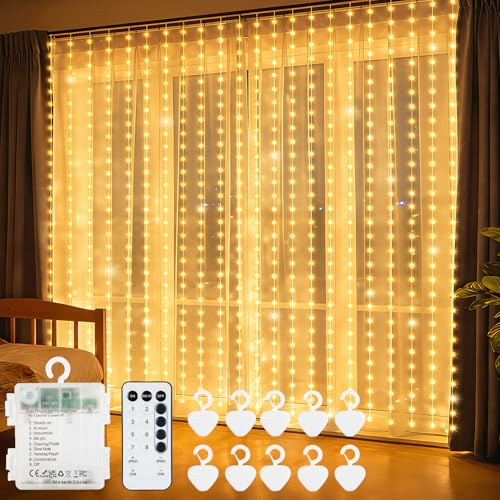 echosari 300 LED Lichtervorhang Batteriebetrieben 3M×3M Lichterkettenvorhang Silberdraht mit Fernbedienung & Timer für Hochzeit Party Schlafzimmer Fenster Innen Deko (Warmweiß)