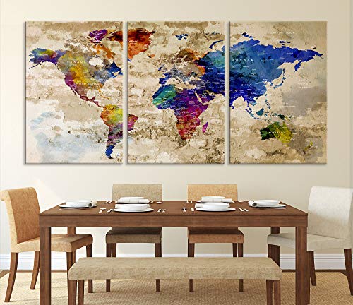 Modern Large Wall Art Rainbow Color World Map Map Push Pin Canvas Print For Wall Decor - Wall Art Canvas Print For Home And Living Decoration - Ready To Hang - Framed - Ready To Hang | Large Size 72X36 Inches | #TOP2