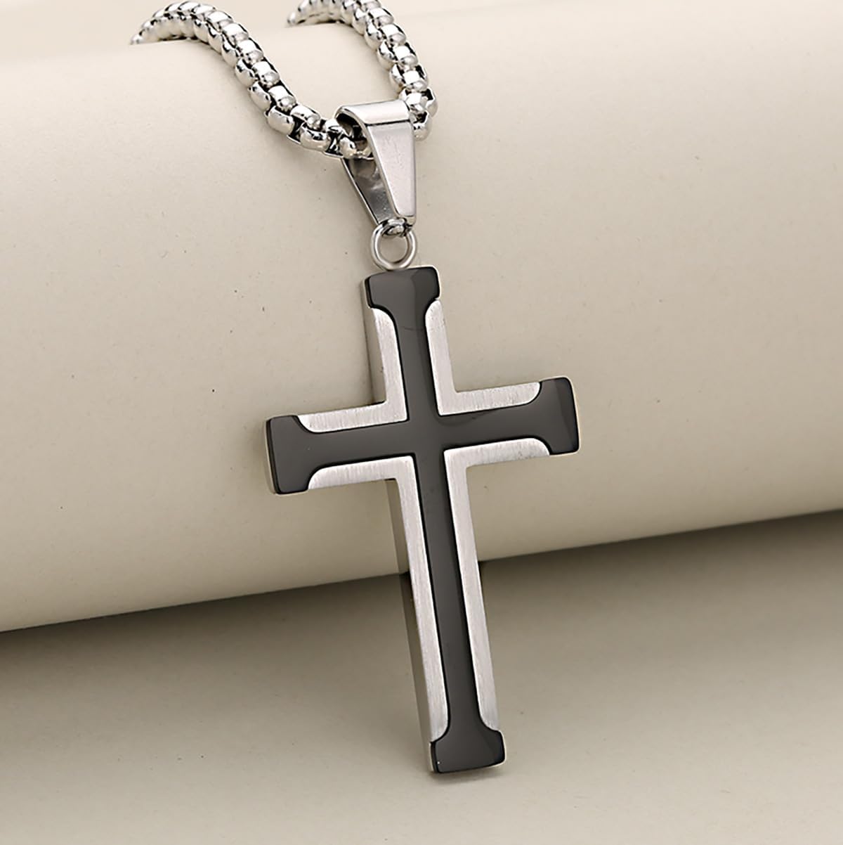 Cross Necklace for Men, Stainless Steel Black/Silver Cross Pendant Religious Necklace Christian Jewelry Chain 60 cm/23.6 inches - Image 3