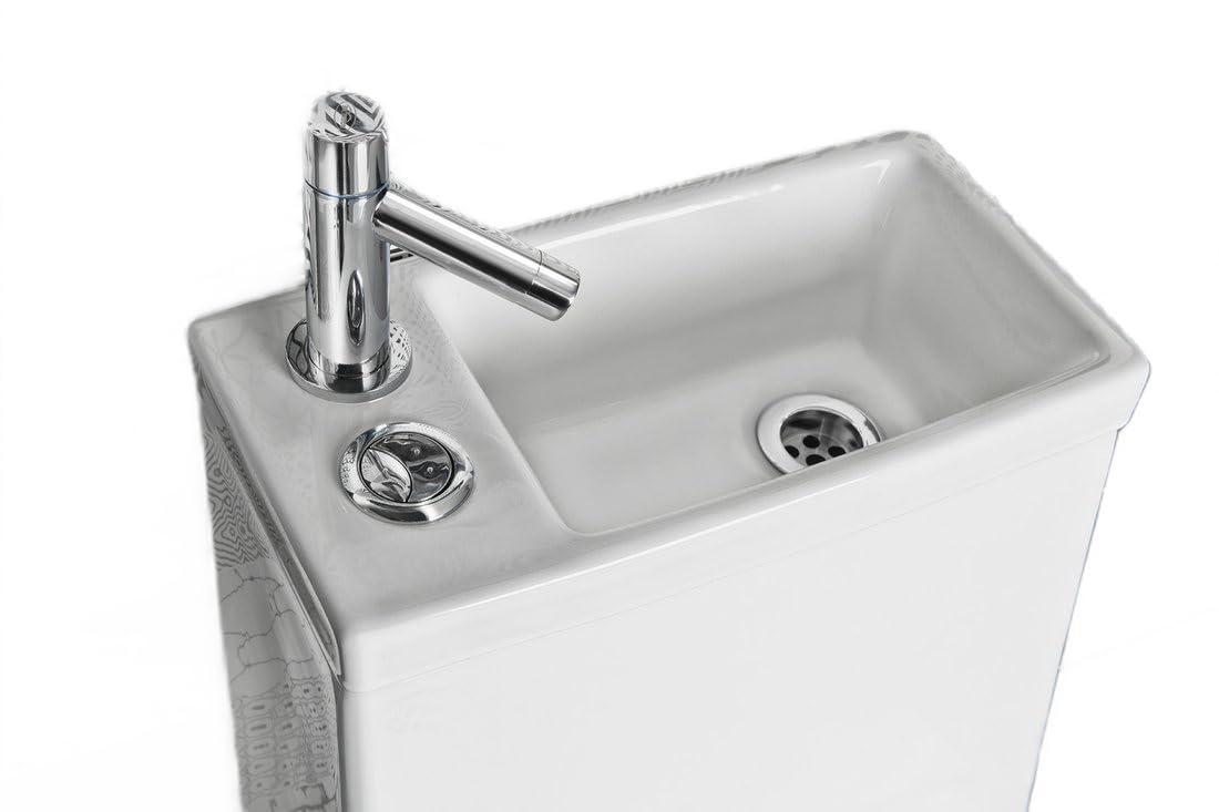 Compact Toilet 2-en-1 avec bassin de lavage intégré et robinet chromé - WC en céramique blanc économisant de l'espace