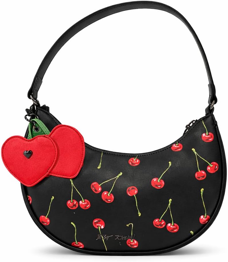 Betsey Johnson Cherry Print Hobo Handbag with Heart Charm, Crescent Shoulder Bag, 10x6x3 Inches