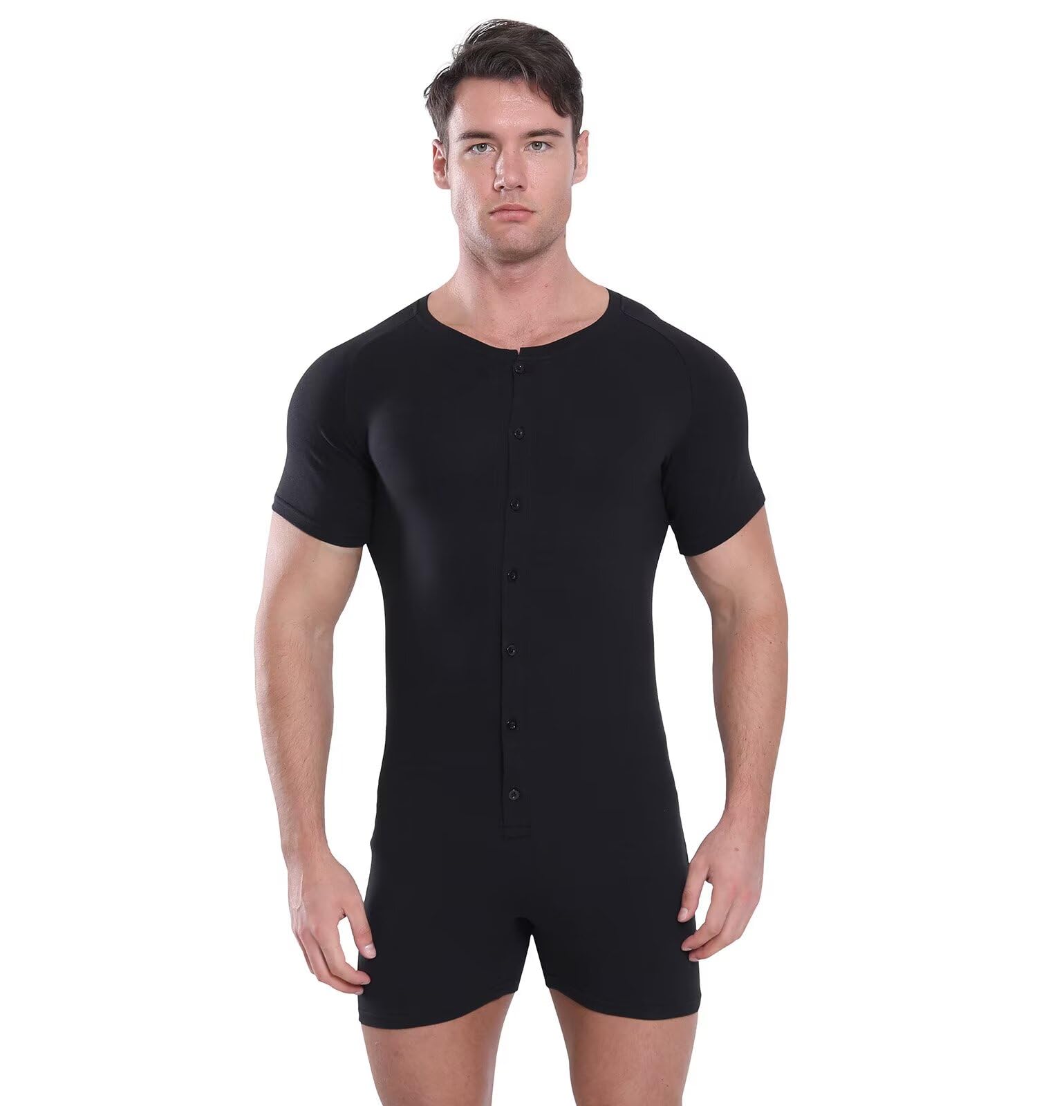 Landofgenie Mężczyźni Onesie Krótki Rękaw Bodysuit One Piece Pidżama Rompers Dolna Koszula Krocza