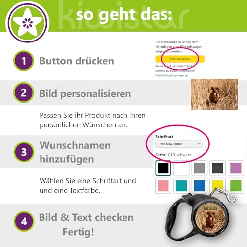 Kiwistar - Hundeleine - 200x20mm - selbst gestalten mit Foto & Wunschtext - individuell Bedruckt - personalisierte Geschenkidee - Leine mit bis 3m länge - für Hunde bis 25 kg