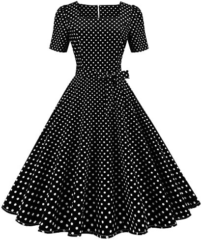 Women Vintage 50s 1950s Dress Square Neck A-line Polka Dot Rockabilly Swing Evening Party Cocktail Dresses Black M