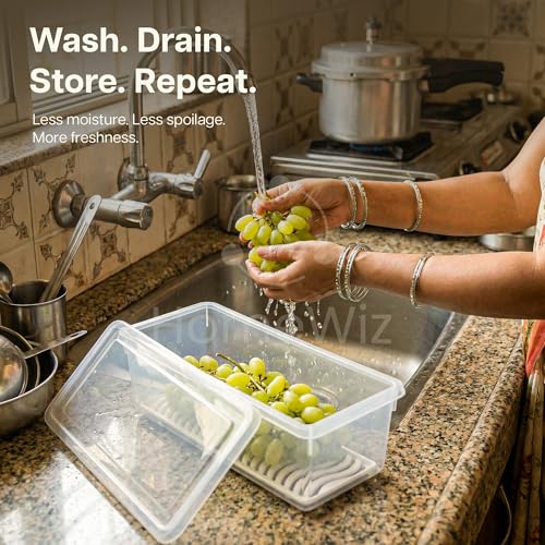 Image of HomeWiz Fridge Storage Containers 1500ml x10|Air Tight Storage Container Set with Removable Drain Plate|Fridge Organiser Storage Boxes|Food Grade Plastic Containers, Stackable for Fruits & Vegetables