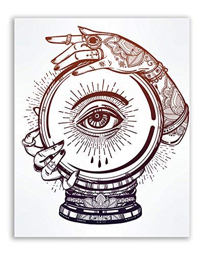 Occult Tattoo Prints - Set Of 6 (8X10 Inches) Glossy Wall Art Decor - Alchemy - Witch - Devil -Third Eye Cat - Planets - Crystal Ball - Creepy Eyes #TOP3