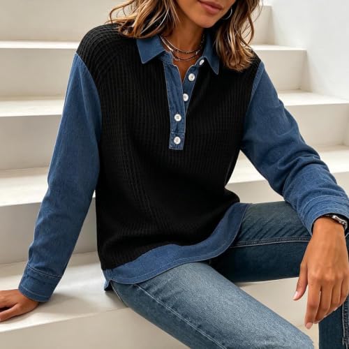 Waffle Tops for Women Denim Patchwork Collared Button Fashion Pullover Tops - image 3
