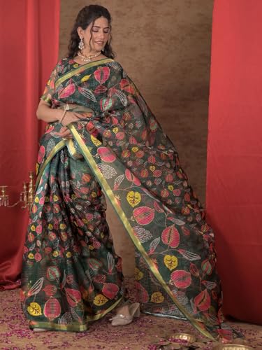Image of Satrani Women's Kota Chex Printed Saree with Unstitched Blouse Piece