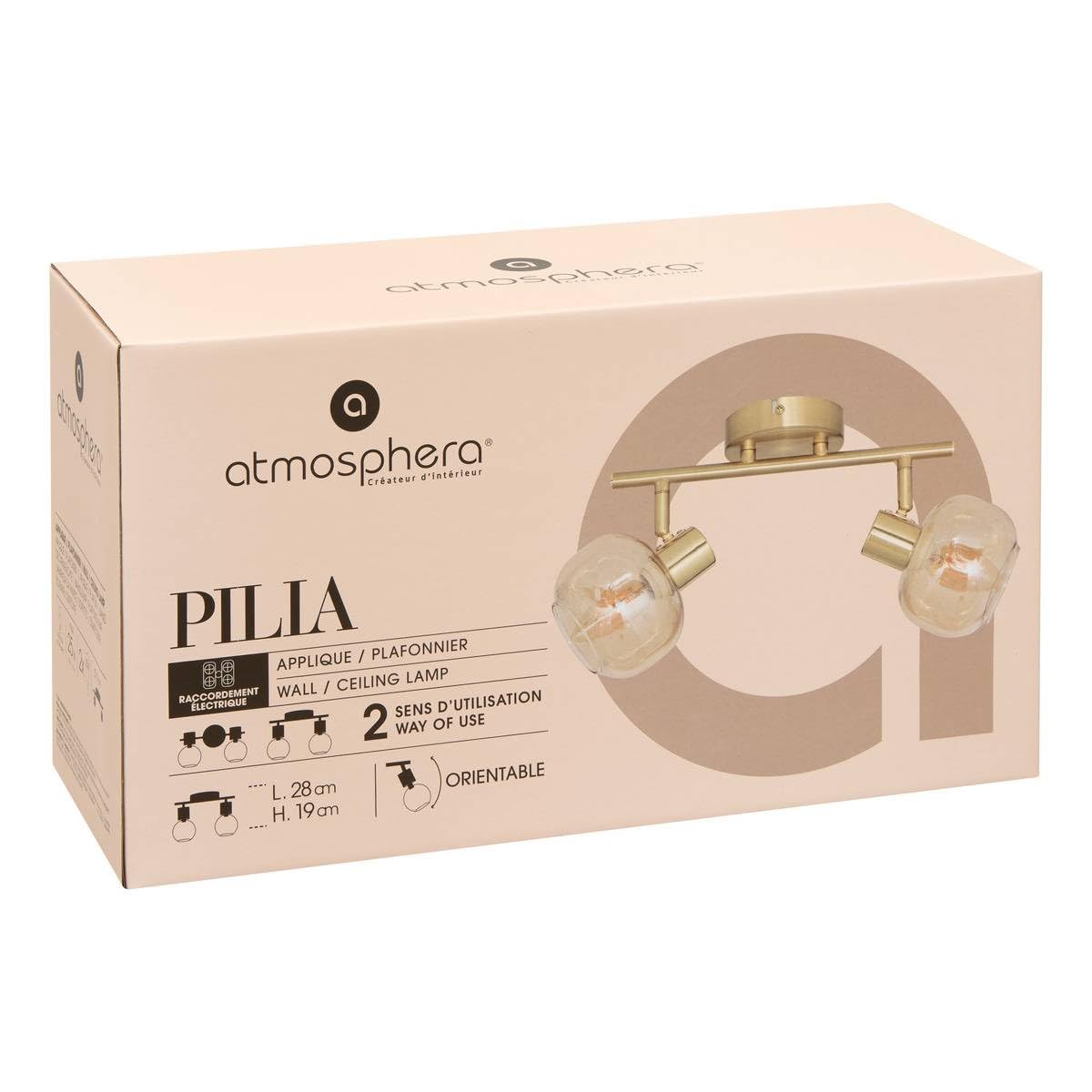 Atmosphera - Applique Murale Pilia - Plaffonier 2 Spots Orientables en Verre - Ampoules Non Incluses E14 25W - Luminaire pour Entrée, Couloir, Salon