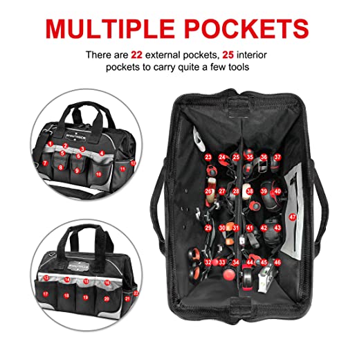 Image of HAUTMEC 16 inch 47-Pockets Tool Bag, Heavy-Duty 1680D Wide Mouth Tool Organizer with Reinforced Hard Base, Padded Shoulder Strap - HT0183