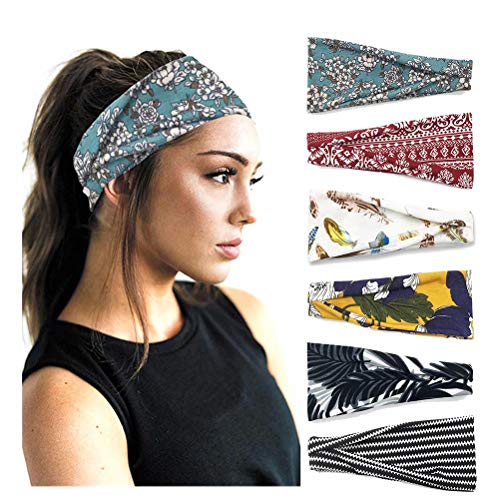 ESTART 6 Pack Women’s Yoga Sports Workout Headbands, Non-Slip Sweat-proof Fashion Head Wraps, Bohemian Elastic Hair Accessories