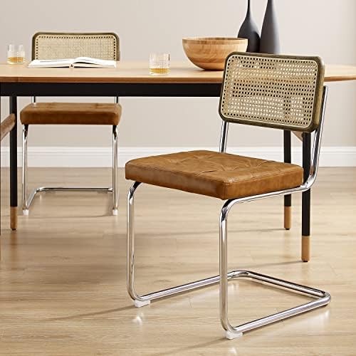 Art Leon Rattan Dining Chairs, Set of 2, Oak Back Frame, Mid Century Modern Dining Room Chairs with Rattan Woven Backrest, Faux Leather Upholstered Kitchen Chairs with Chrome Metal Legs, Yellow Brown