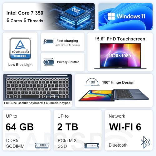 Image of ASUS Vivobook 16 FHD Touchscreen Core 7 350 AI Laptop, 64GB DDR5 2TB SSD