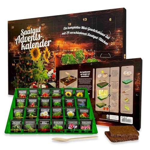Saatgut Adventskalender 2025 Komplettes Anzuchtset mit 24 Samenarten & Mini-Gewächshaus/Geschenk für Gartenliebhaber/Überraschungssäckchen mit Blumen- Gemüse- und Kräutersamen