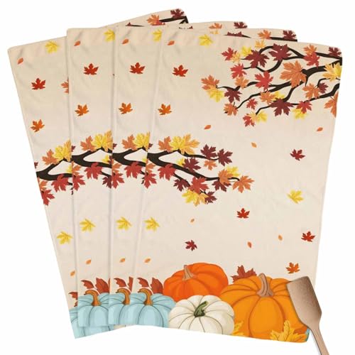 Image of Fall Kitchen Towels Orange Pumpkin Thanksgiving Hand Towels Maple Leaf Tree Dish Towel Cleaning Cloth Soft Absorbent Quick Drying 4 Pack Dish Cloths for Kitchen, Bathroom Autumn Decoration