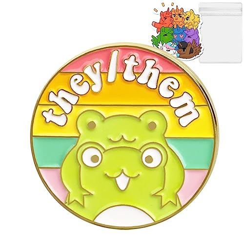 Image of LGBTQ Pronouns Cute Frog Pin - Gender Identity Bulk Pins for Pride Parade or Daily Wear - They /Them (Free 1pc Pride Sticker Included)