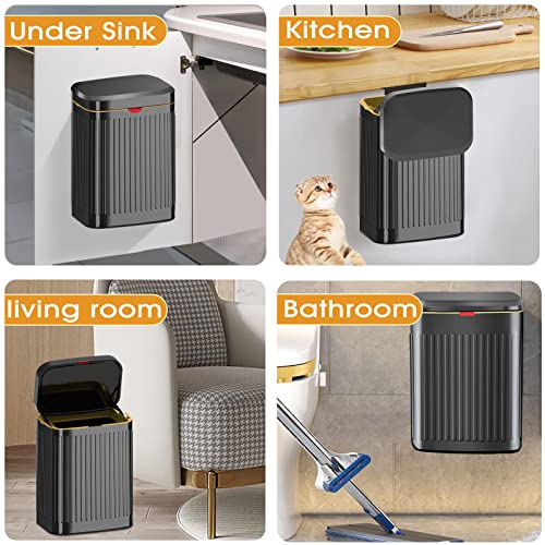 Kitchen Hanging Trash Can With Lid, 2.1Gal/ 8L Stainless Steel Trash Can Compost Bin Counter Top, Wall-Mount Indoor Kitchen Trash Bin For Cabinet, Under Sink, Bathroom (Black) #TOP5