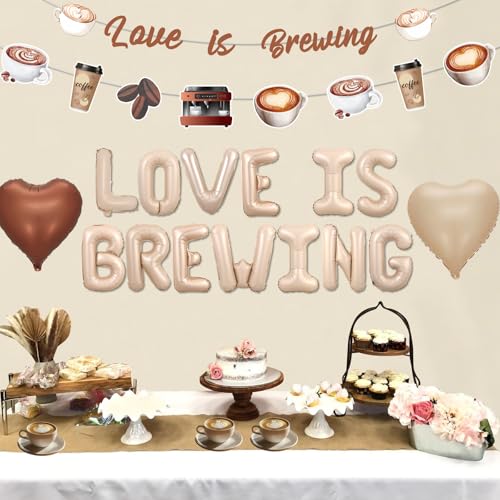 Image of Coffee Bridal Shower Decorations Love Is Brewing Balloons Banner Coffee Theme Garland Foil Fringe for Girls Women Cafe Bar Theme Bachelorette Bridal Shower Wedding Shower Party Supplies