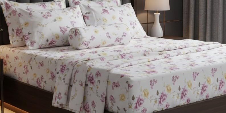 Image of 400 TC Cotton Feel Glace Cotton Fully Elastic Fitted Bedsheet Queen Size Double Bed with 2 Pillow Covers (60 inch x 78 inch inches, GeoFusion)