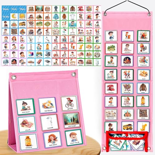 SQAQS Visual Timetable, Children Daily Routine Chart with 96 PECS Cards, Preschool Daily Routine Sheet, Visual Timetable for Kids Daily, 2-in-1 Learning Aid Picture Cards, for Home School(Pink)