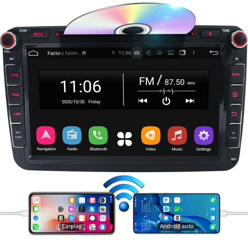 Radio Coche Bluetooth Pantalla Carplay Inalámbrico [Android 10.0 4GB+64GB] 2 DIN para Volkswagen/Skoda, 8 Pulgadas Autoradio con WiFi/GPS/RDS/CD DVD/USB/FM/SD/RCA, Apoyo Mandos Volante, Mirrorlink thumbnail