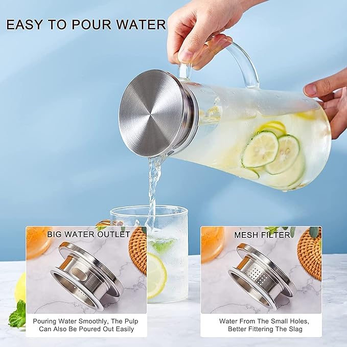 Image of VAGHASIYA Borosilicate Glass Water jug with Stainless Steel lid, for Juice Water iced Tea Pitcher Tea Carafe hot Glass Pitcher and Sun Tea jar, 1300ml (1300 ml)