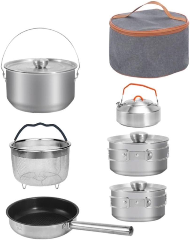 Camping Cookware Lightweight PortableStainless Steel Outdoor Picnic Pot Pan Kit Camping Hiking Cookware Outdoor Picnic(6pcs)
