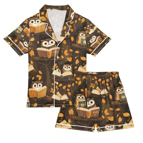 senya Owl Reading on Branches Satin Summer Pajama Sets Silk Short Sleeve Button Down Sleepwear
