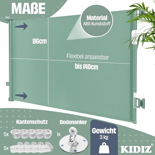 KIDIZ® Treppenschutzgitter Türschutzgitter ausziehbar 0-140CM | kindersicheres Treppengitter für Babys & Haustiere | Schutzgitter für Treppen & Türen Absperrgitter inkl. Bodenanker & Montagezubehör