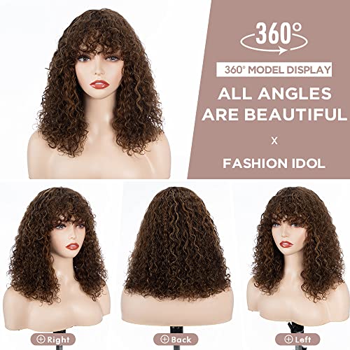 Short Curly Human-Hair Wigs with Bangs 14 Inch Jerry Curl Bob Wigs Human Hair Brazilian Virgin Human Hair None Lace Front Wigs for Black Women Machine Made Black Wigs - Image 2