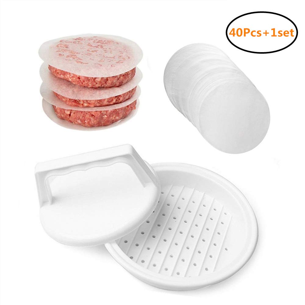 Hofumix Hamburger Press DIY Burger Patty Maker Nonstick Plastic Burger Patties Mold Stuffed Burger Press with 40 Round Baking Oil Papers for Handmade Rice Meat Cake