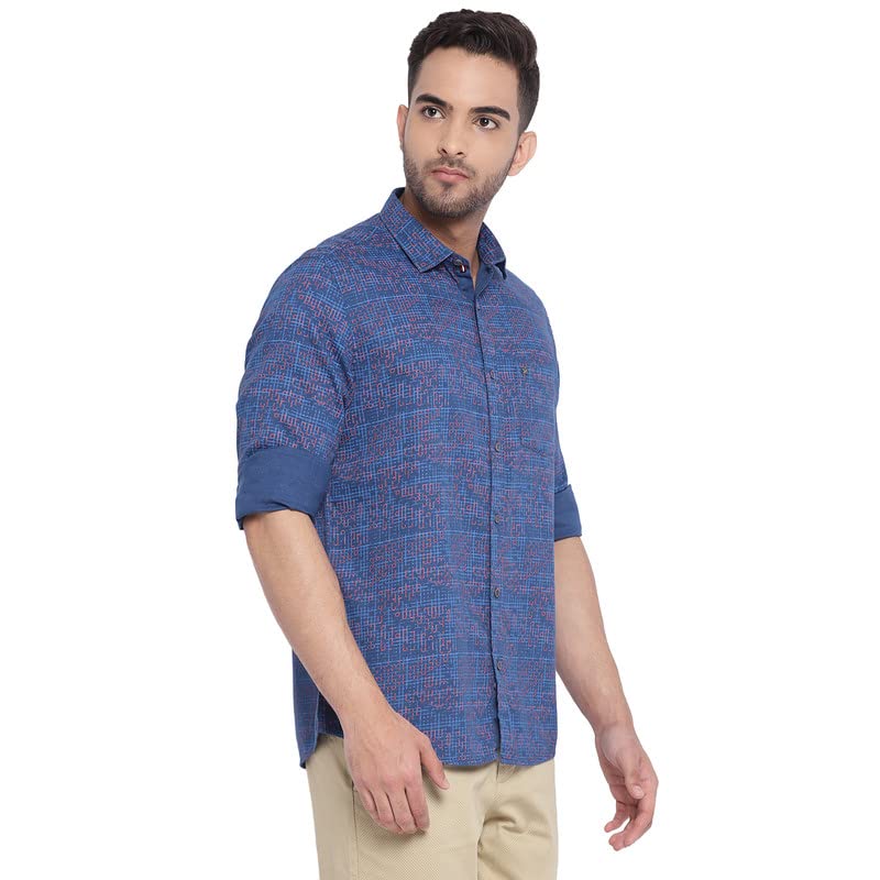Image of Turtle Men Blue Cotton Printed Slim Fit Casual Shirts