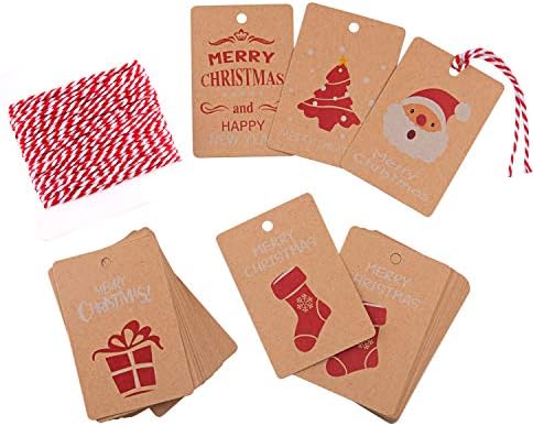 FEPITO 50Pcs Christmas Tags Paper Gift Cards with Hanging Rope for Christmas Wrapping Label, 5 Christmas Design