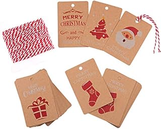 FEPITO 50Pcs Christmas Tags Paper Gift Cards with Hanging Rope for Christmas Wrapping Label, 5 Christmas Design