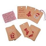 FEPITO 50Pcs Étiquettes pour cadeaux de Noël Cartes-cadeaux en papier Kraft avec corde suspendue pour étiquette d'emballage de cadeaux de Noël, 5 Design de Noël