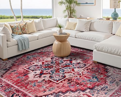 Image of AMERLIFE 5'x8' Area Rug, Machine Washable Vintage Area Rug- Soft Carpet with Non-Slip Backing for Living Room, Bedroom, Nursery- Red