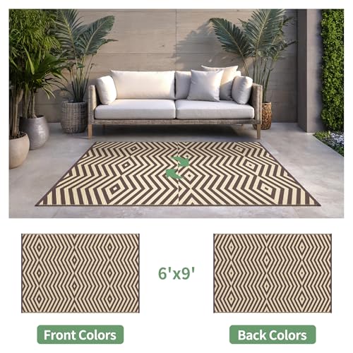 Image of GENIMO Outdoor Rug, Waterproof Plastic Rugs for Patio, 6'x9' Mocha Beige