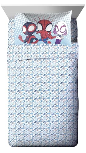 Image of Marvel Spidey and Friends Twin Comforter Set 5 Piece Kids Bedding, Blue | Ghost-Spider, Bed in a Bag, Comforter Sheets Sham Pillowcase, Official Product, Soft Microfiber, Machine Washable, Kids Gift