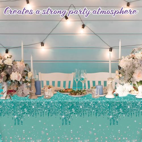 Image of Ganeen 3 Pcs Teal and Silver Tablecloths Glitter Sparkling Disposable Plastic Table Cover Sequin Printed Rectangle Tablecloths for Women Birthday Wedding Party Decor Supplies, 54 x 108 Inch