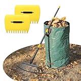 Leaf Rake 18” Wide Heavy Duty Metal 25 Tines Garden Rake Set with 30-75” Adjustable Long Handle for Yard Grass Shrub Mulch Including 32Gallon Garden Bag Leaf Scoops