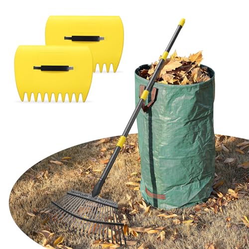Leaf Rake 18” Wide Heavy Duty Metal 25 Tines Garden Rake Set with 30-90” Adjustable Long Handle for Yard Grass Shrub Mulch Including 32Gallon Garden Bag Leaf Scoops