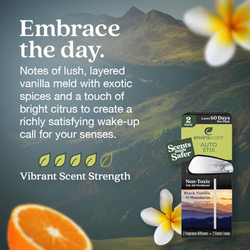 Image of Enviroscent Non-Toxic* Car Air Freshener Auto Stix - Scents Made Safer - Enjoy Fragrance Lasts Up to 480 Days - Includes Auto Stix Diffusers & Elastic Loops - Black Vanilla & Mandarin (Pack of 8)