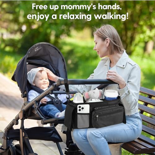 Zooawa Universal Stroller Organizer, Stroller Organizer Caddy with 2 Cup Holder, Stroller Attachment Organizer Bag Accessories Compatible with Uppababy,Baby Jogger,Britax,BOB,Umbrella,Pet Stroller - Thumbnail 5