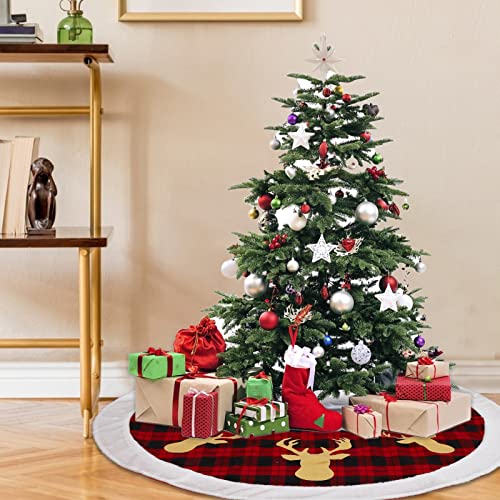 Black Red Buffalo Plaid Tree Skirt 48in Christmas Tree Skirts for Holiday Party Tree Skirt Double Layers Checked Tree Skirts, Christmas Tree Decorations